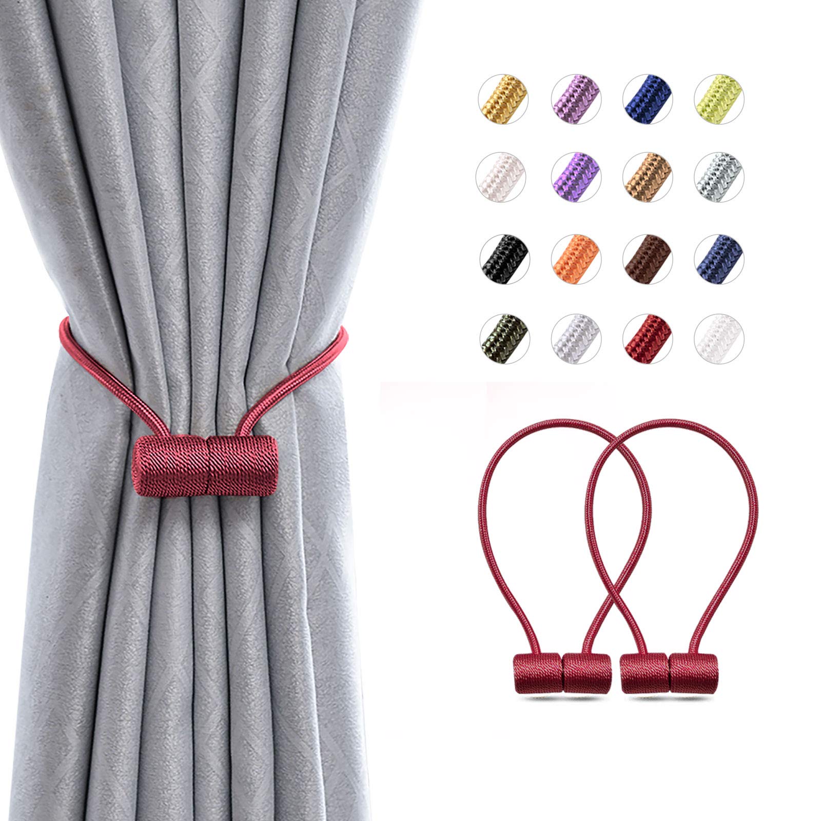 Pretty Jolly 2 Pack Magnetic Curtain Tiebacks 16 Inch Modern Handmade Weave Rope Curtain Holdbacks Convenient Decorative Curtain Drape Tie Backs for Home and Office Window Drapery (Wine Red)