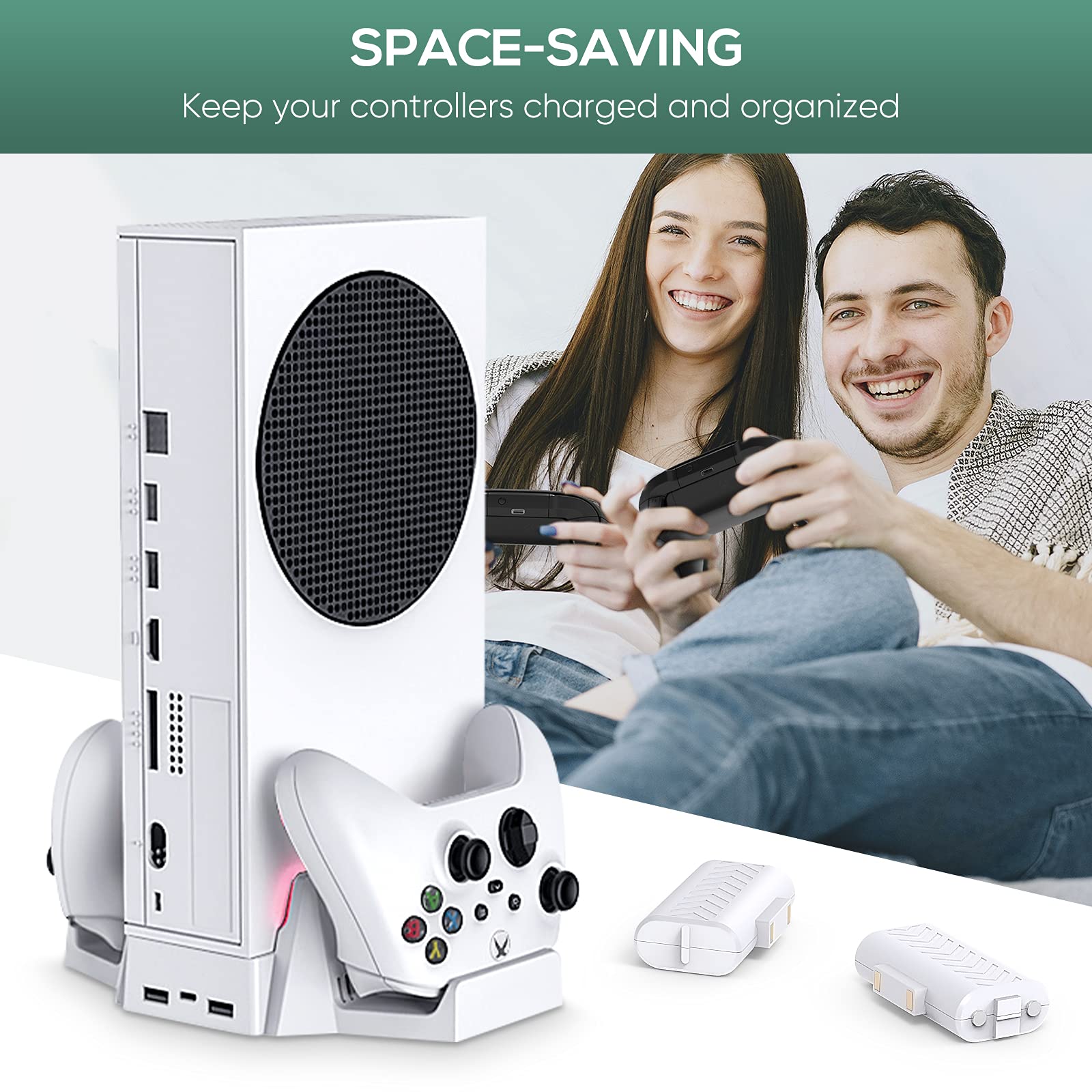 Upgraded Cooling Stand for Xbox Series S with Dual Cooling Fan 3 Level Adjustable Speed, Dual Controller Charger with LED Indicator USB Port -800mAh Rechargeable Battery Pack for XSX|S/One S/One X/One