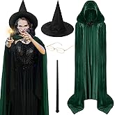 Vabean 4 Pcs Halloween Witch Costume for Women Green Velvet Cloak with Hood Wand & Witch Hat Wizard Glasses for Halloween Cosplay Party