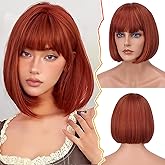 BARSDAR Short Copper Bob Wig with Bangs - Short Auburn Bob Wig with Bangs for Women - 12 Inch Chin-Length Natural Looking Soft Synthetic Hair Replacement Daily Halloween Party Copper Auburn Wigs