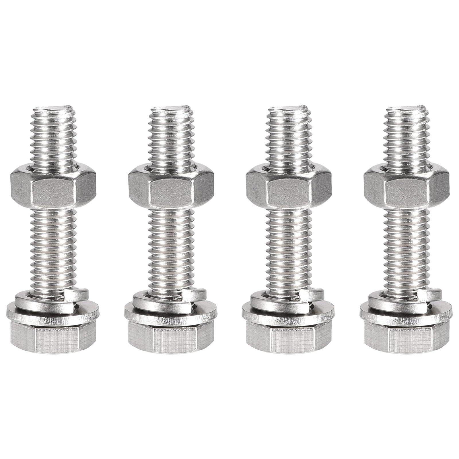 TOP-VIGOR 4Pcs M10 x 50mm Hex Head Screws Bolts, Nuts, Flat & Lock Washers Kits, 304 Stainless Steel Fully Thread Hexagon Bolts for DIY Bike Motorcycles Repair