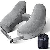 Sunany Neck Pillow for Travel Inflatable Airplane Pillow Comfortably Supports Head, Neck and Chin, Inflatable Travel Pillow with Soft Velour Cover and Portable Drawstring Bag (Grey)