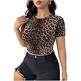 WDIRARA Women's Plus Size Leopard Print T Shirt Crewneck Short Sleeve Tee Cheetah Ruched Crop Top