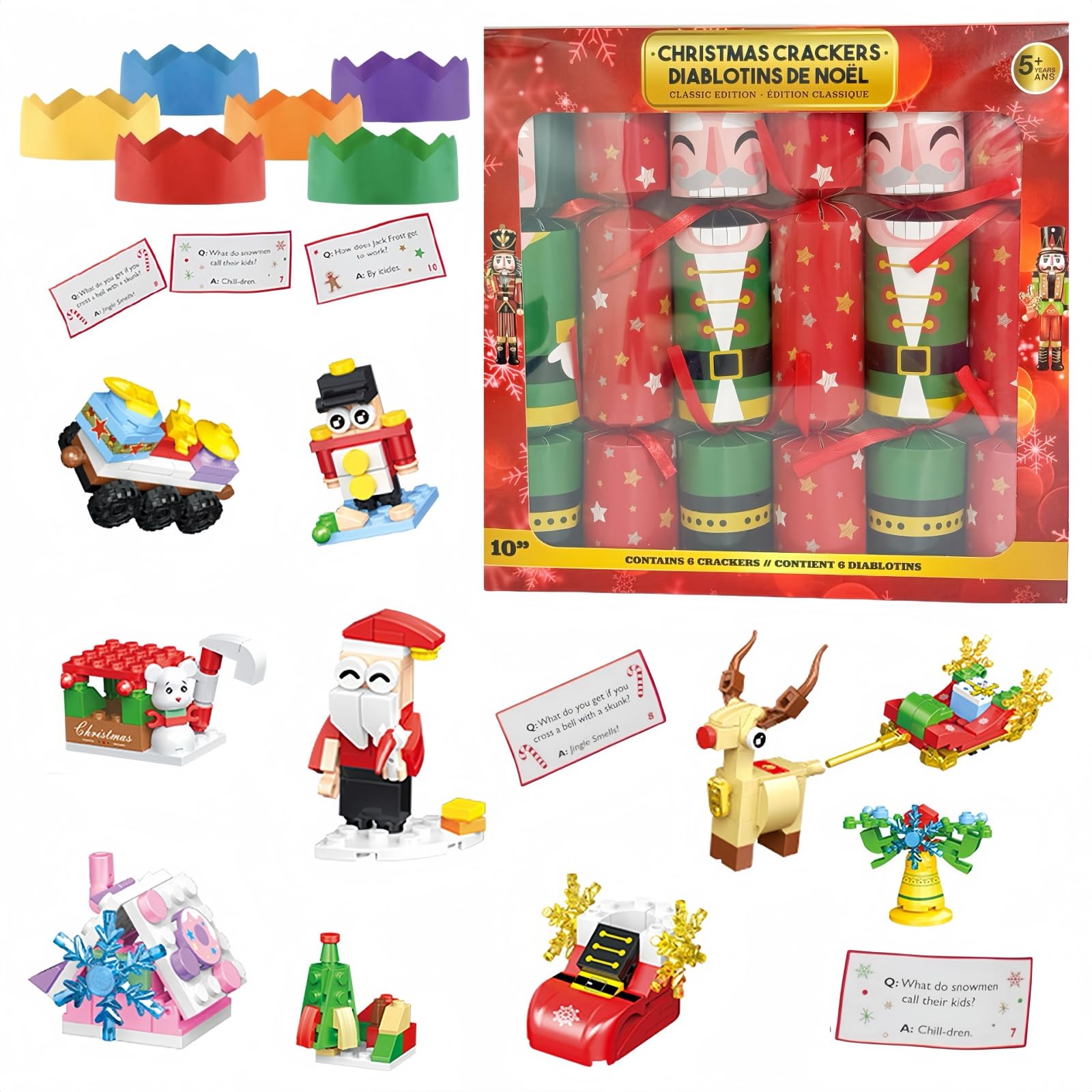 Aisszhao 6 Pack Christmas Party Crackers,Christmas Crackers with Santa's Friends Building Block Xmas Cracker,Luxury Xmas Family Cracker with Novelty Gifts Party Hats