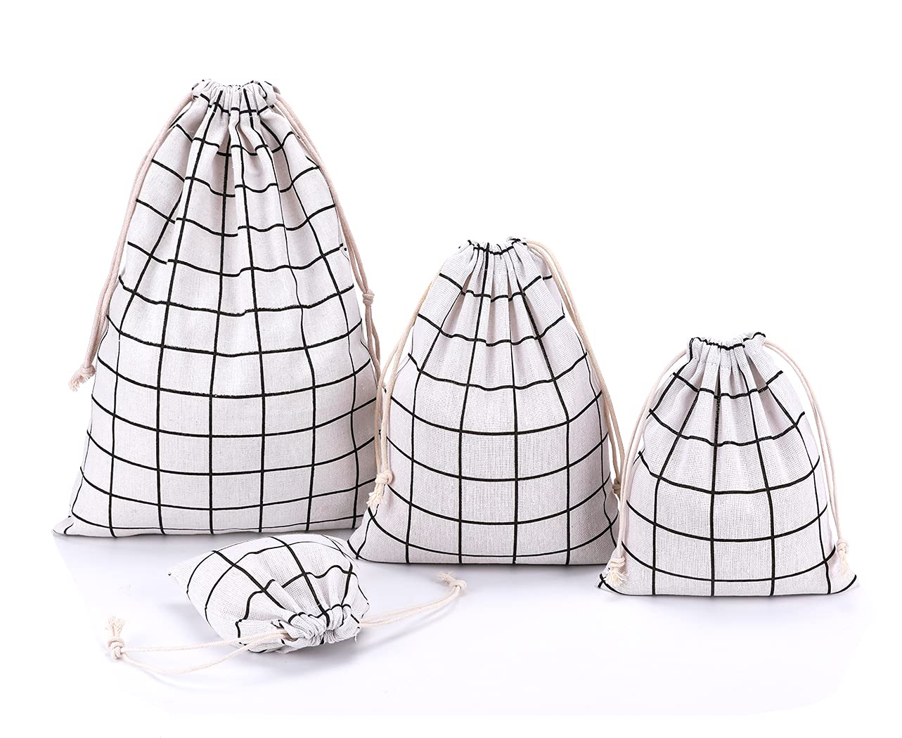 Amoyie 4 pcs Drawstring Storage Bag Set for Stuff Travel Home Accessories, White Tartan