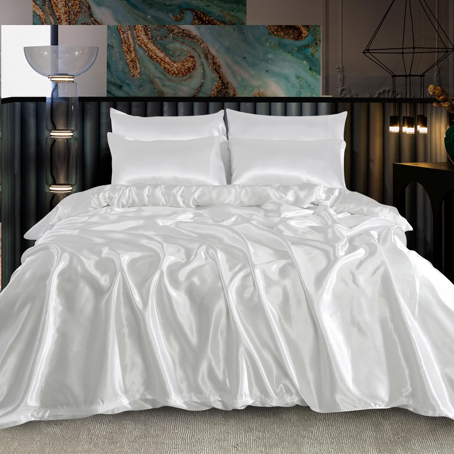 ROOEE Satin Silk Complete Bedding Set - 6 PCS - Fitted sheet, Duvet Cover, 4 Pillow Cases. Color - White Size - Double — image 1