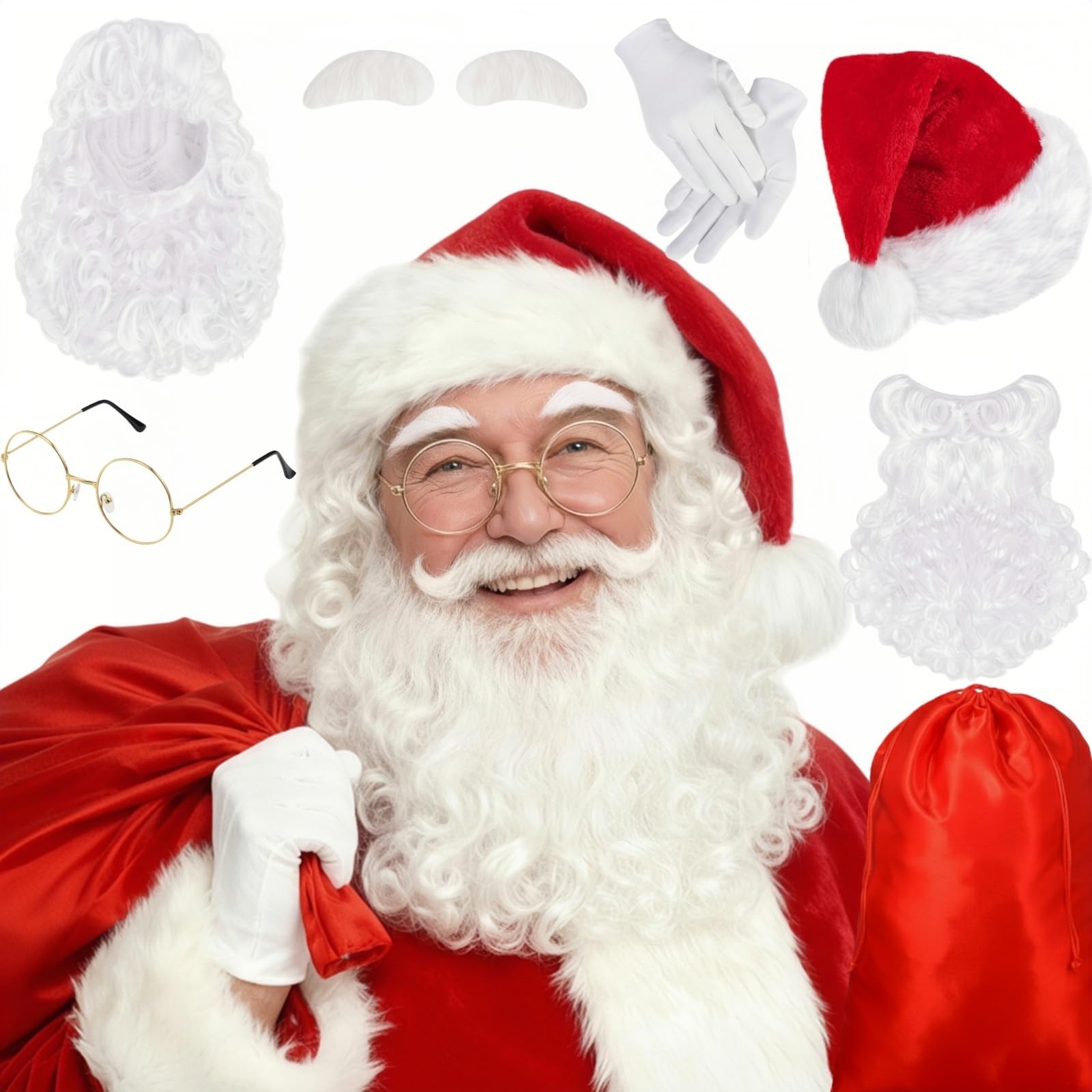 SATINIOR Christmas Santa Costume Set - Hat, Beard Wig, White Eyebrow, Winter Gloves, Glasses, Present Bag for Holiday Costume (Red Bag), M