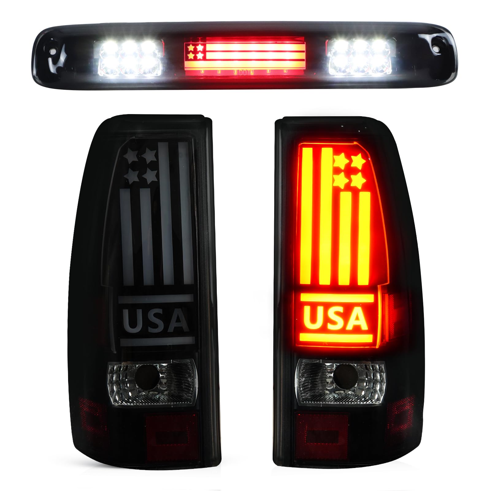 Photo 1 of Bomusou LED Tail Light + 3rd Brake Light Kit Fit for Chevy Silverado 1500 2500 HD 1999-2002, for GMC Sierra 1500 2500 HD Fleetside 1999-2003, Taillights and High Mount Stop Light, 3 Pcs, Smoke Lens