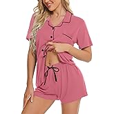 SWOMOG Womens Button Down Pajamas Set Short Sleeve Sleepwear Bride Soft Pj Lounge Sets XS-3XL