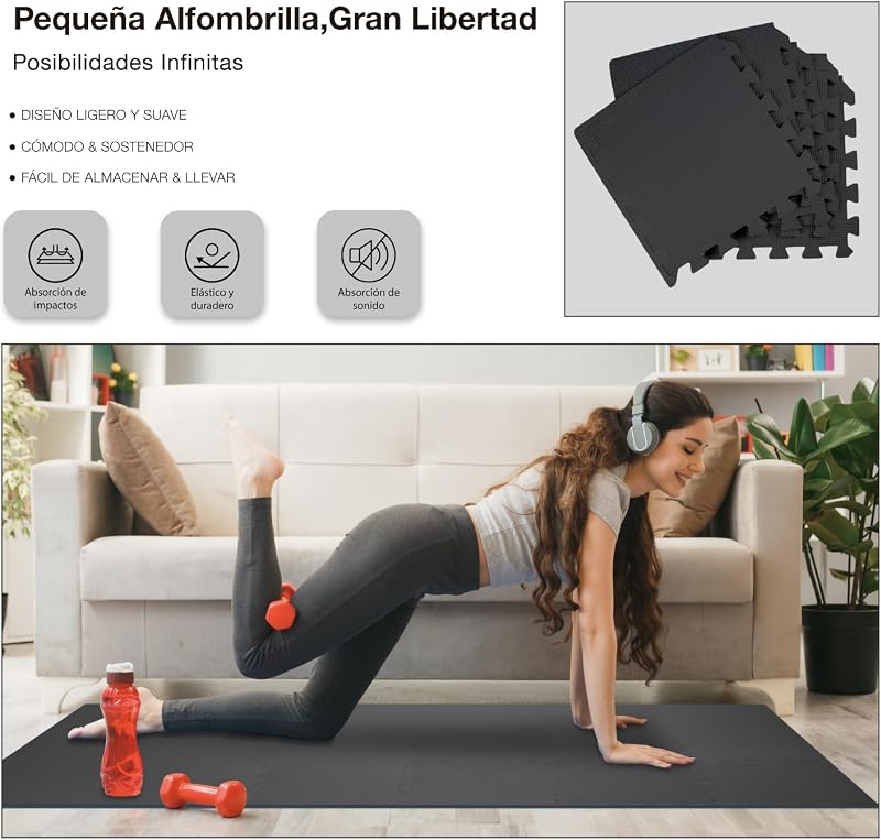 Juego de 18 alfombrillas para suelo de gimnasio, espuma EVA de alta densidad, antideslizantes y de alta amortiguación, ideales para yoga y fitness, perfecto para gimnasio en casa, 30x30 cm
