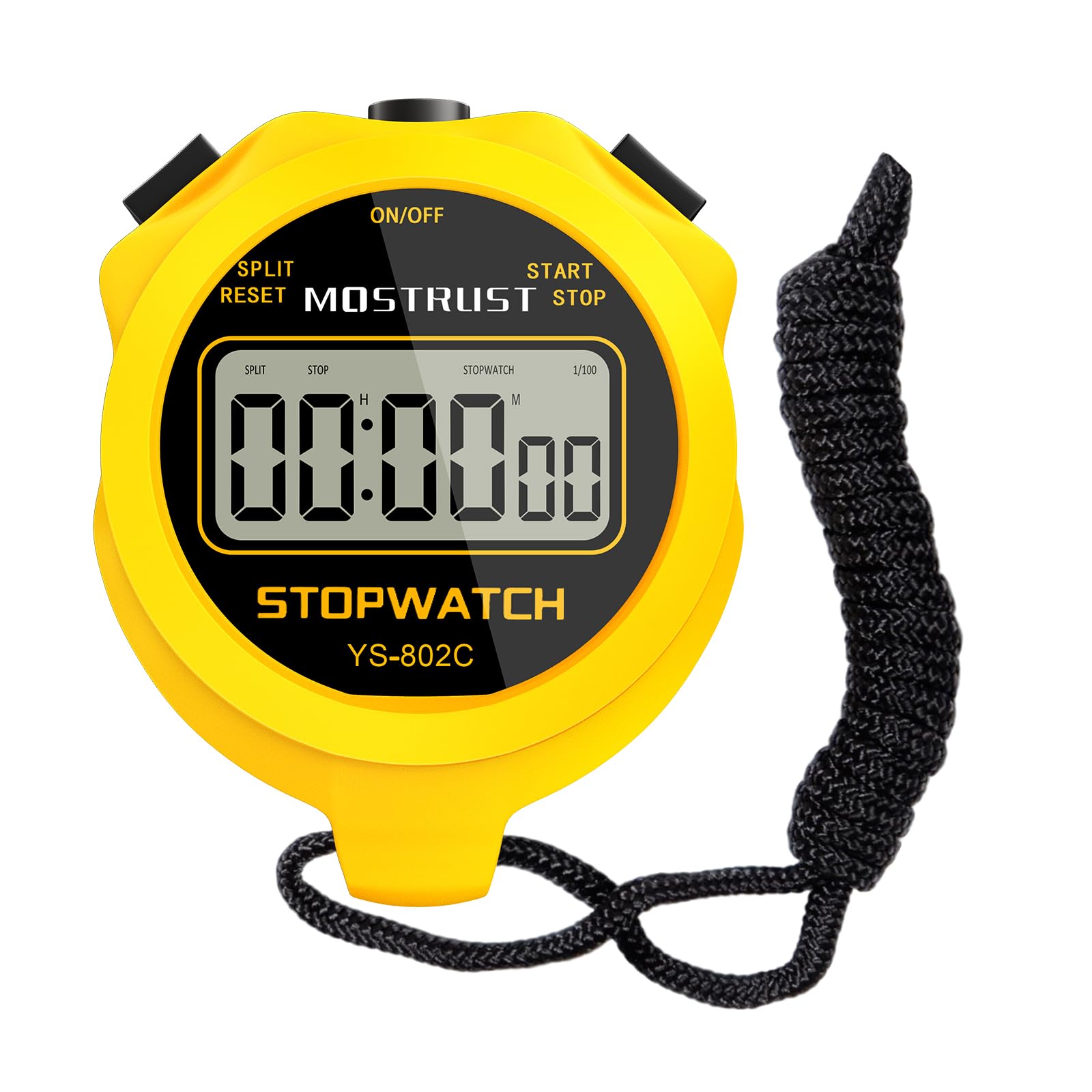 MOSTRUST Digital Simple Stopwatch, Single Lap/Split Basic Stopwatch, No Clock No Alarm No Bells, On Off with Lanyard for Swimming Running Sports Training Coaches (Yellow) (802C)