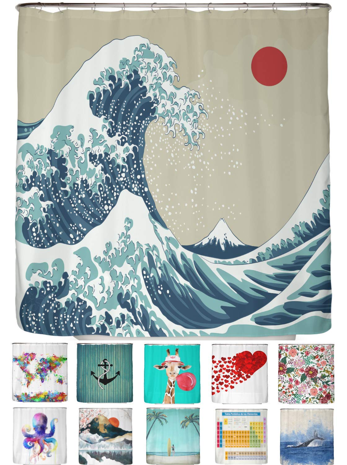 arteneur® - Japan Welle - Anti-Mould Shower Curtain 180 x 200 cm with Oeko-Tex Standard 100 - Weighted Hem, Opaque, Waterproof, Washable, 12 Rings & E-Book (English language not guaranteed)