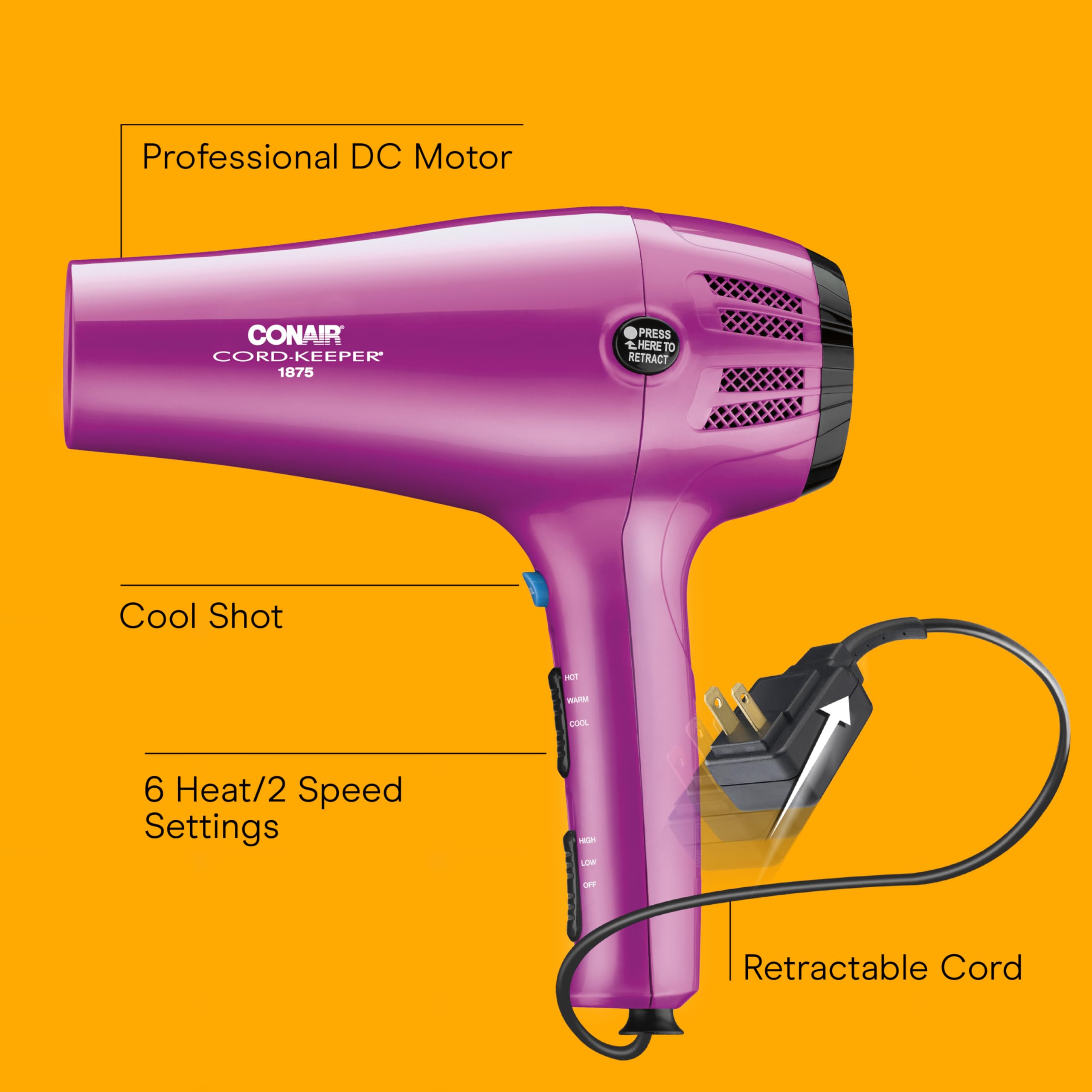CONAIR Hair Dryer with Retractable Cord, 1875W Blow Dryer, 3 Heat Settings, 2 Speeds, Blow Dryer with Diffuser and Concentrator Attachments, Ionic + Tourmaline Technology, Pink