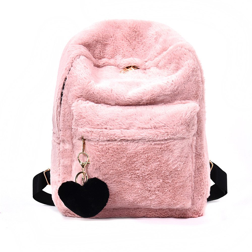 YSMYWM Women Soft Faux Fur Plush Backpack Shoulder Bag Fluffy School Bag with Heart Pendant