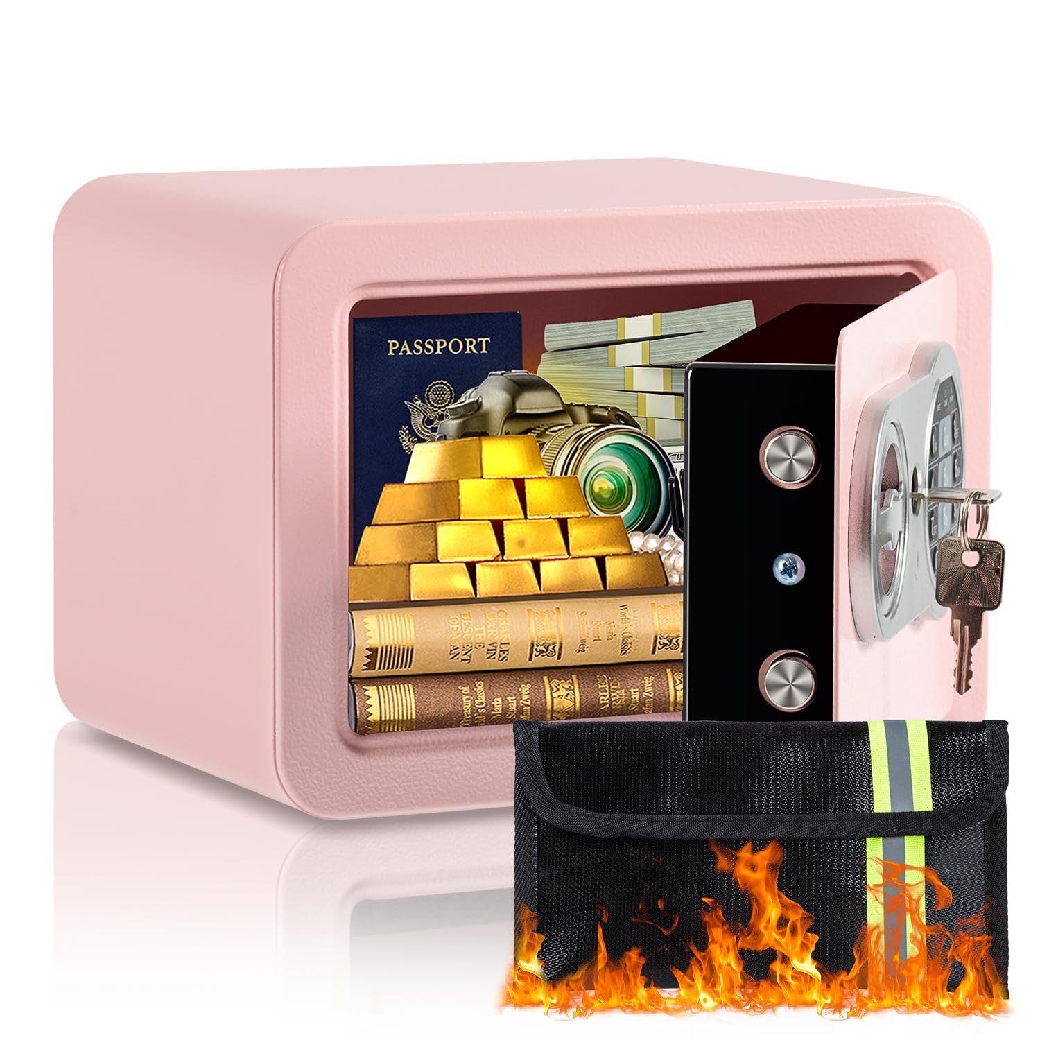 Photo 1 of 0.23 Cubic Feet Safe Box, Small Safe W/Fireproof Bag, Keys & Pass Code, Digital Electronic Security Money Box for Cash, Document, Home, Office, Hotel Use, Pink, 6.69"D x 9.06"W x 6.69"H