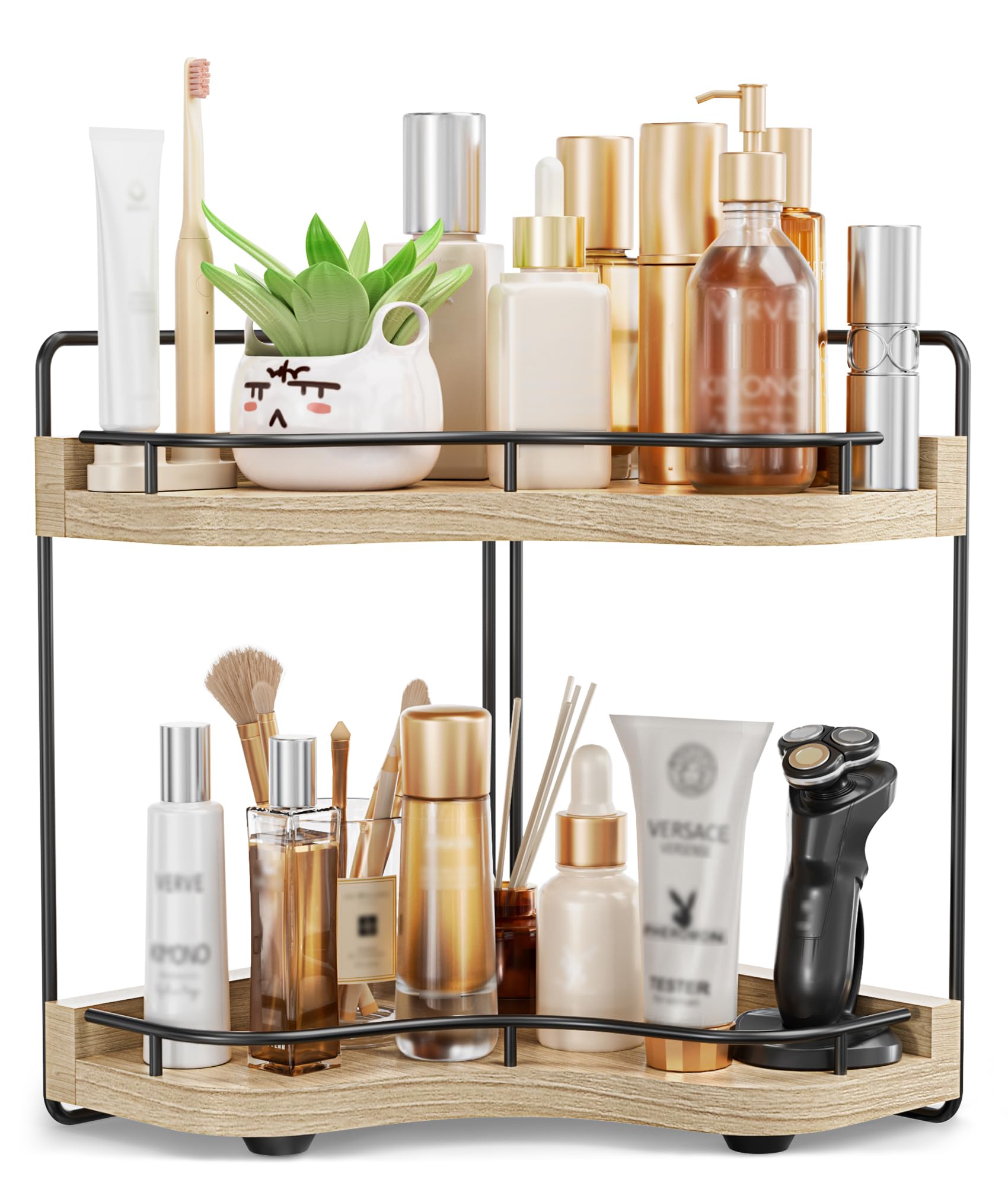 2-Tier Corner Bathroom Counter Organizer with Embedded Screw Holes, Secure & Stable Wood Vanity Shelf for Makeup and Skincare Essentials - Space Saving Bathroom Countertop Storage, ‎‎Light Walnut