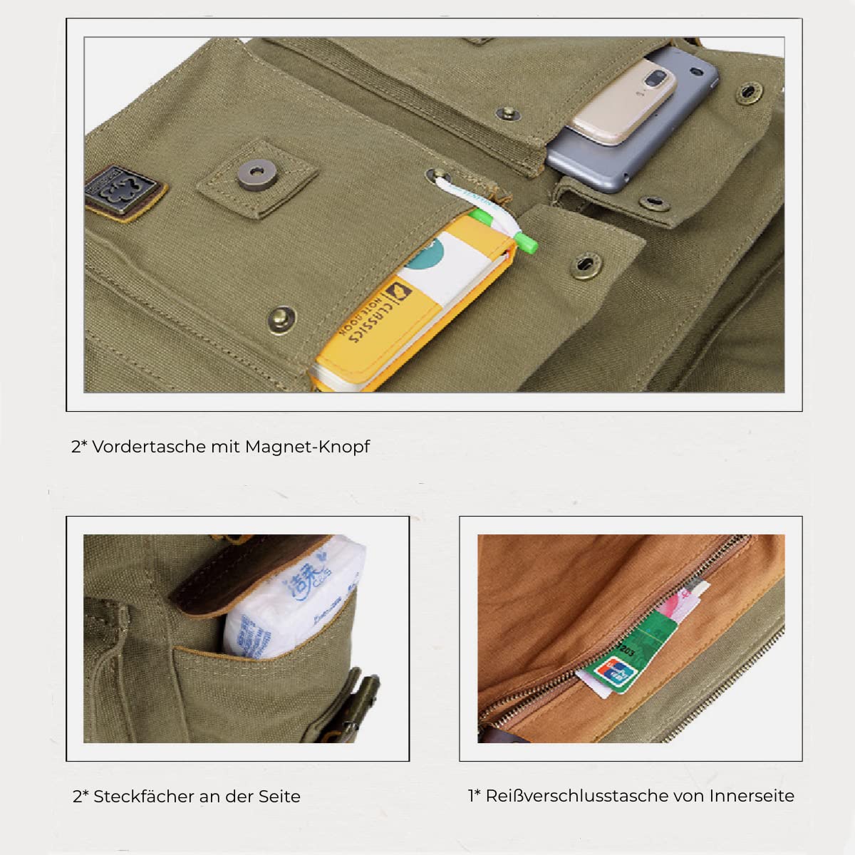 Eysee Schultertasche Herren Canvas-Umhängertasche Daypack für Alltag und Sport 35cm (L) X 30cm(H) X 10cm(W) (Grün) 6