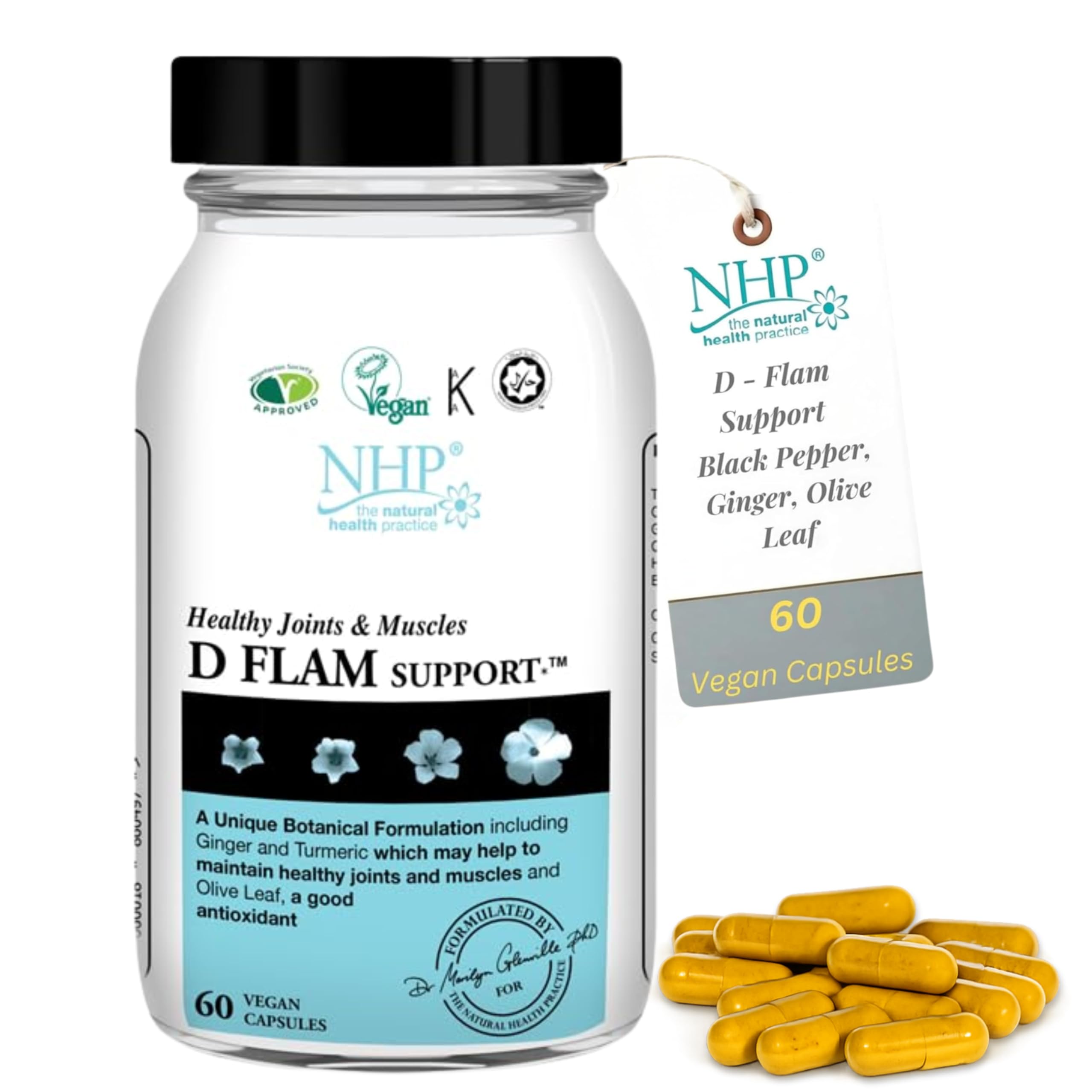 NHP Advanced D-Flam Support – Vegan Joint & Muscle Health Supplement with Turmeric, Black Pepper, Ginger, Olive Leaf, Hops & Quercetin – 100% Active Ingredients, Gluten-Free, 60 Vegan Capsules