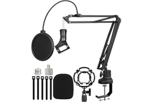Luling Arts Boom Arm Suspension Mic Heavy Duty Microphone Arm for Blue Yeti, Hyperx Quadcast, Adjustable Boom Mic Stand Desk with Pop Filter, 1/4“-3/8“-5/8“ Adapter, Mic Mounts,Broadcast