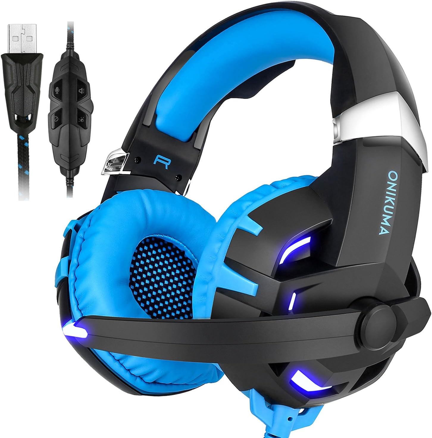 ONIKUMA k2 Virtual 7.1 USB Surround Stereo Wired Over-Ear Gaming Headphones with Mic for PC & PS4 & MAC, Noise Isolating, Separate Volume Controller, Cool LED