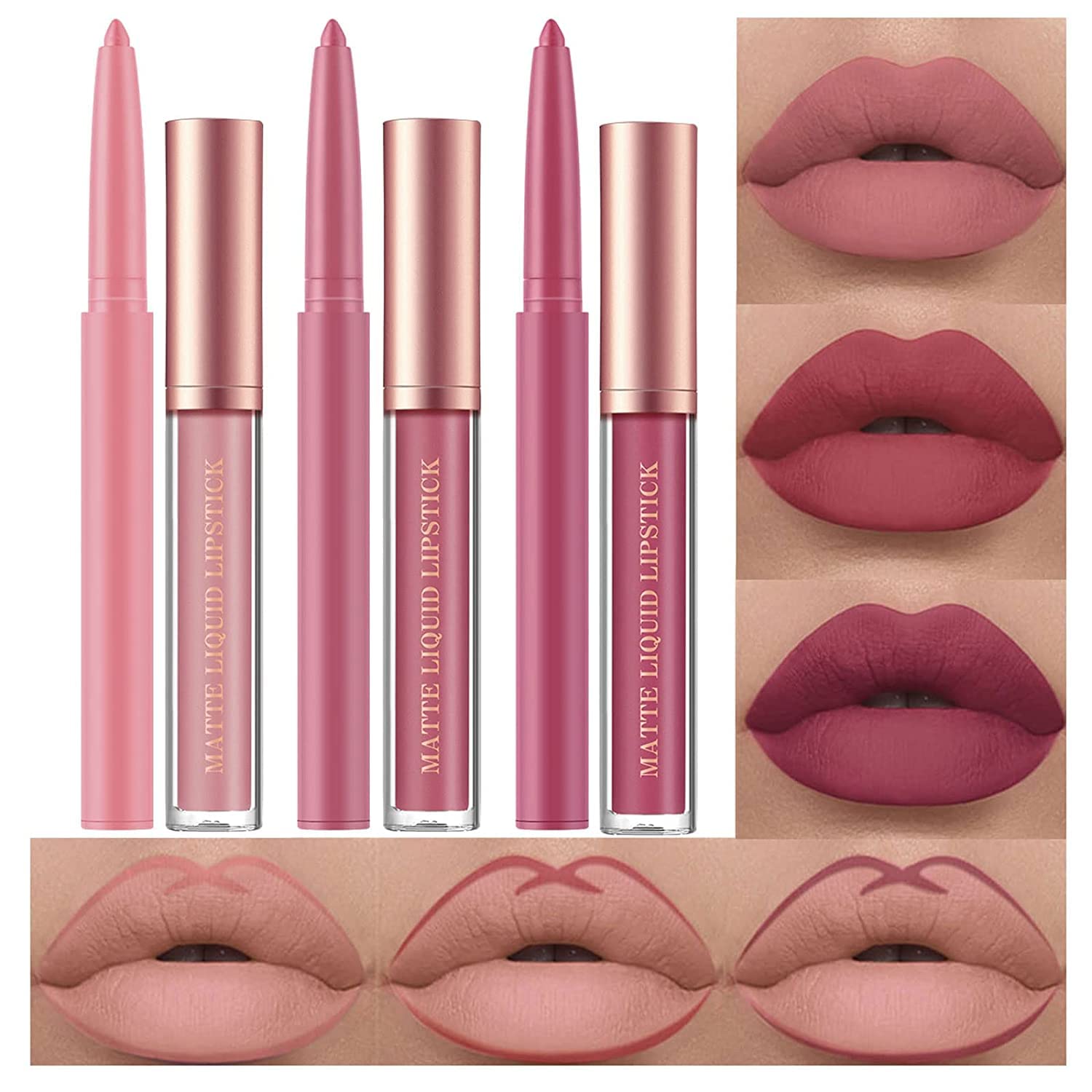 6Pcs Matte Liquid Lipstick Lip Liner Set, Velvety Nude Lipgloss Waterproof Non-Stick Cup Not Fade Liquid Lipstick Lipliner Make Up Gift Set (Set A) — image 1
