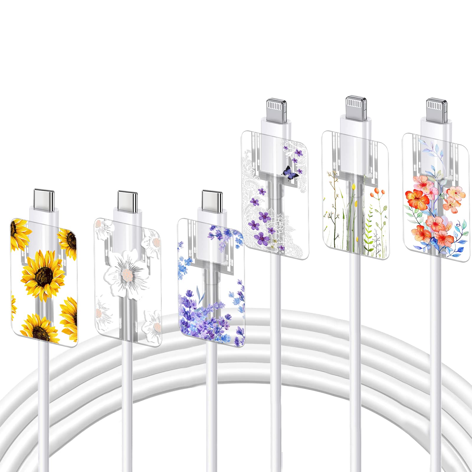 Cute Floral Cable Protector Set for iPhone Type-C Charger, Lavender Camellia Sunflower Wild Flower Bouquet Lace Cherry Blossom Pattern, 6 pcs