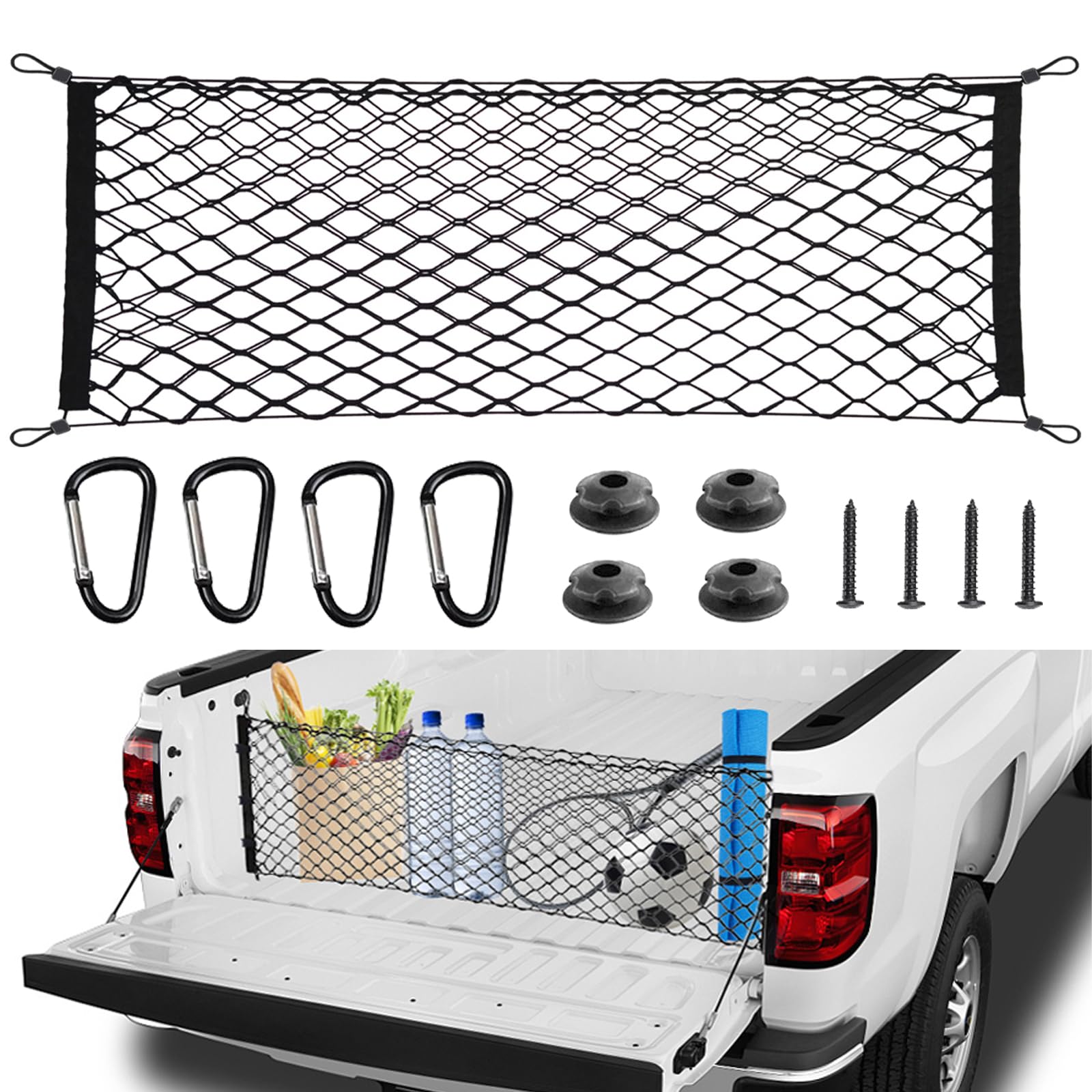 Photo 1 of BAILALIBO Cargo Net for Pickup Truck Bed, Adjustable Accessories for Storage Secure Nets, Stretchable Tailgate Net with Hook, Compatible for Chevy Silverado Ford LTZ WT LS F150 F250 (50x18 Inch)