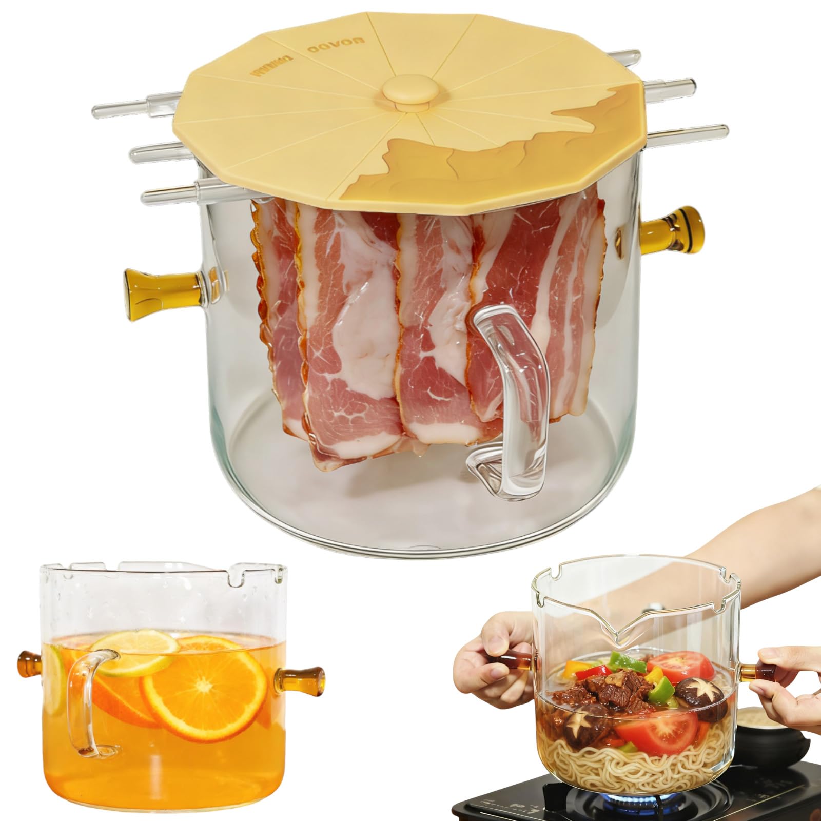 Photo 1 of **MISSING ONE GLASS STICK**Glass Bacon Cooker, Microwave Bacon Tray with Cover for Oven, Heat-Resistant Borosilicate Glass Cooking Pot for Stove, Grease Easy Clean (Yellow)