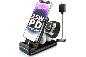 MSTJRY Fast Charging Station for Apple iPhone Multiple Devices - 4 in 1 Foldable 25W PD Charger Stand for iPhone 14/13/12/11/X/8, for Apple Watch, Dual Charging Connector for Air Pods & Earbuds