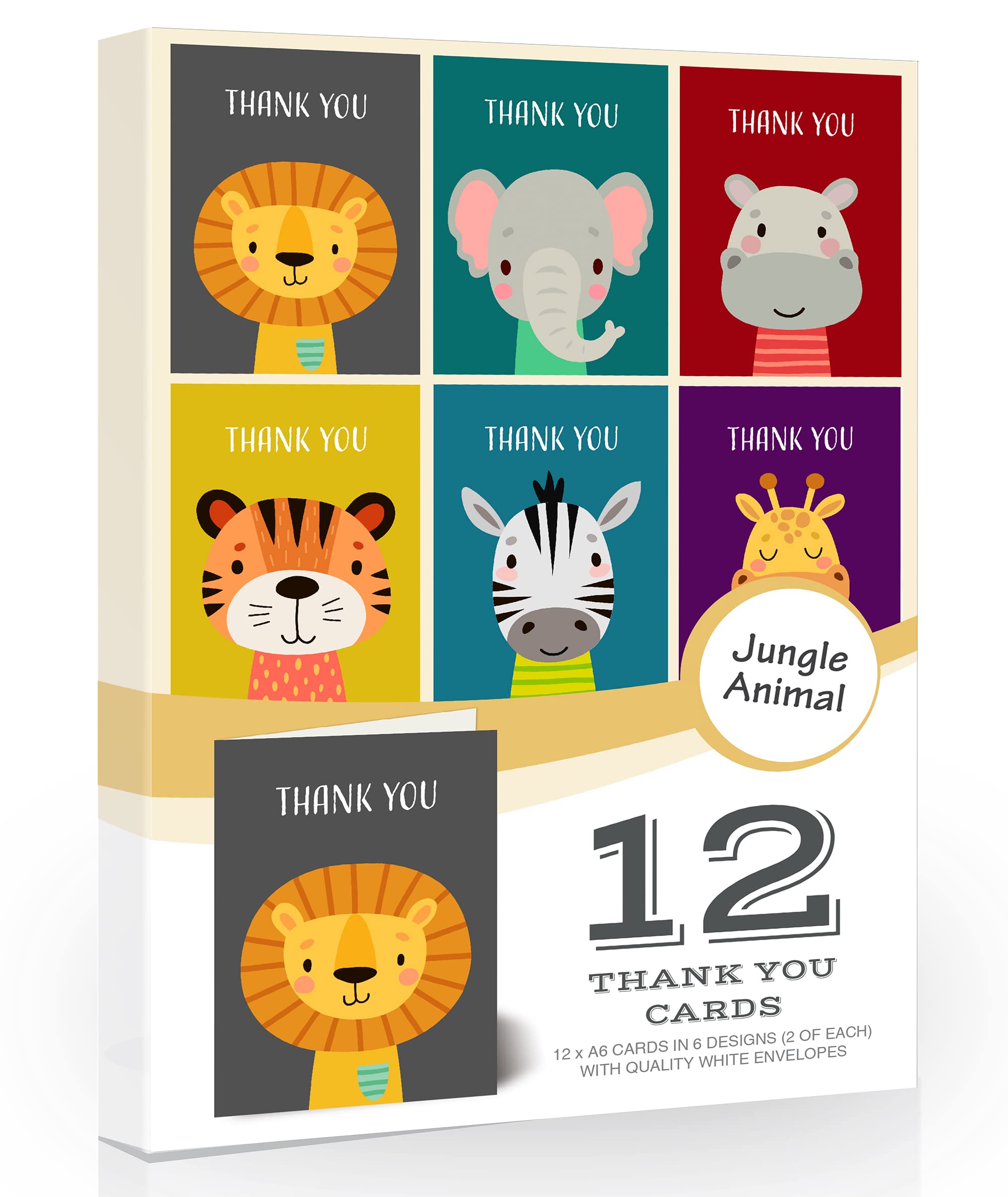 Olivia Samuel 12 x Kids Thank You Cards from Eco Friendly Pack of Jungle Animal Designs with White envelopes