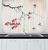 Ambesonne Japanese Kitchen Curtains, Cherry Blossom Sakura Tree Branches Romantic Spring Themed Watercolor Picture, Window Drapes 2 Panel Set for Kitchen Cafe Decor, 55" x 39", Coral Black