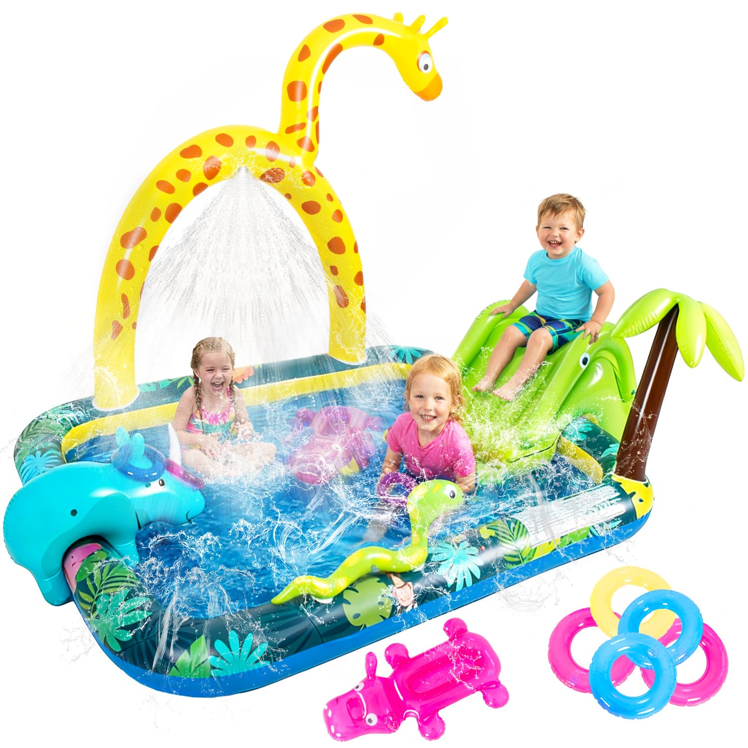 Photo 1 of Inflatable Jungle Animal Play Center, Inflatable Water Park Kiddie Pool with Slide, Water Sprayer for Summer Outdoor Splash, Backyard and Garden 102.5" x75" x 54.5"