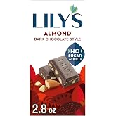 LILY'S Almond Dark Chocolate Style No Sugar Added, Candy Bar, 3 oz | 2g Net Carbs per serving, Stevia Sweetened Candy, Sugar Free Dark Chocolate with Almonds, Gluten Free Candy Bars, 1 Bar