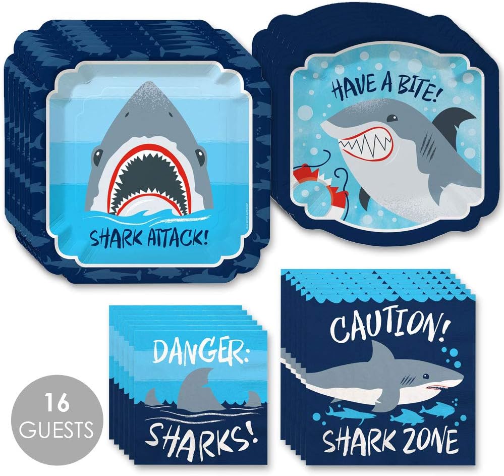 Big Dot of Happiness Shark Zone - Jawsome Shark Viewing Week Party or Birthday Party Tableware Plates and Napkins - Bundle for 16