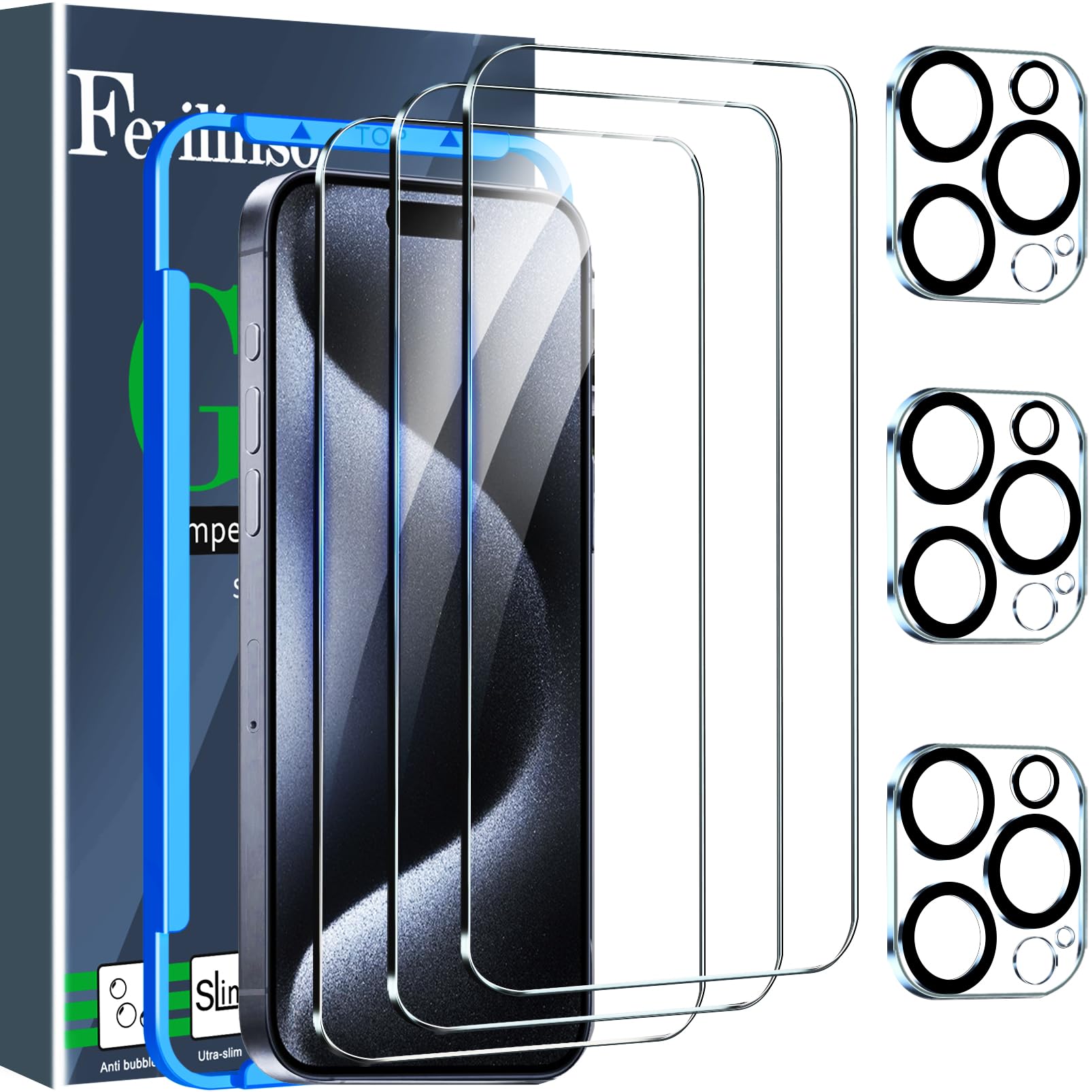 Photo 1 of Ferilinso 3 Pack Screen Protector for iPhone 15 Pro with 3 Pack Tempered Glass Camera Lens Protector Phone Case Friendly Ultra Accessories Protector de Pantalla for Apple iPhone 15 Pro