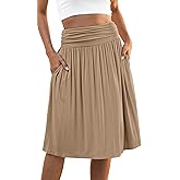 Naggoo Womens Summer Elastic High Waisted Midi Skirts Flowy Aline Pleated Knee Length Skirt with Pockets S-XXXL