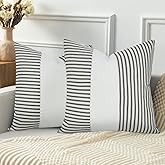 CURRAMET Farmhouse Pillow Covers 18x18, Boho Modern Accent Square Throw Pillow Covers Set of 2, Black and White Striped Patchwork Linen Decorative Pillows Cushion Covers for Couch Chair Bedroom