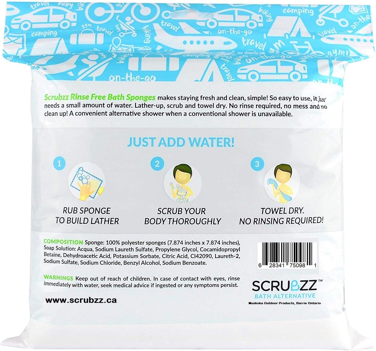 Scrubzz Disposable No Rinse Bathing Wipes - 25 Pack - All-in-1 Single Use Shower Wipes, Simply Dampen, Lather, and Dry Without Shampoo or Rinsing: Health & Personal Care