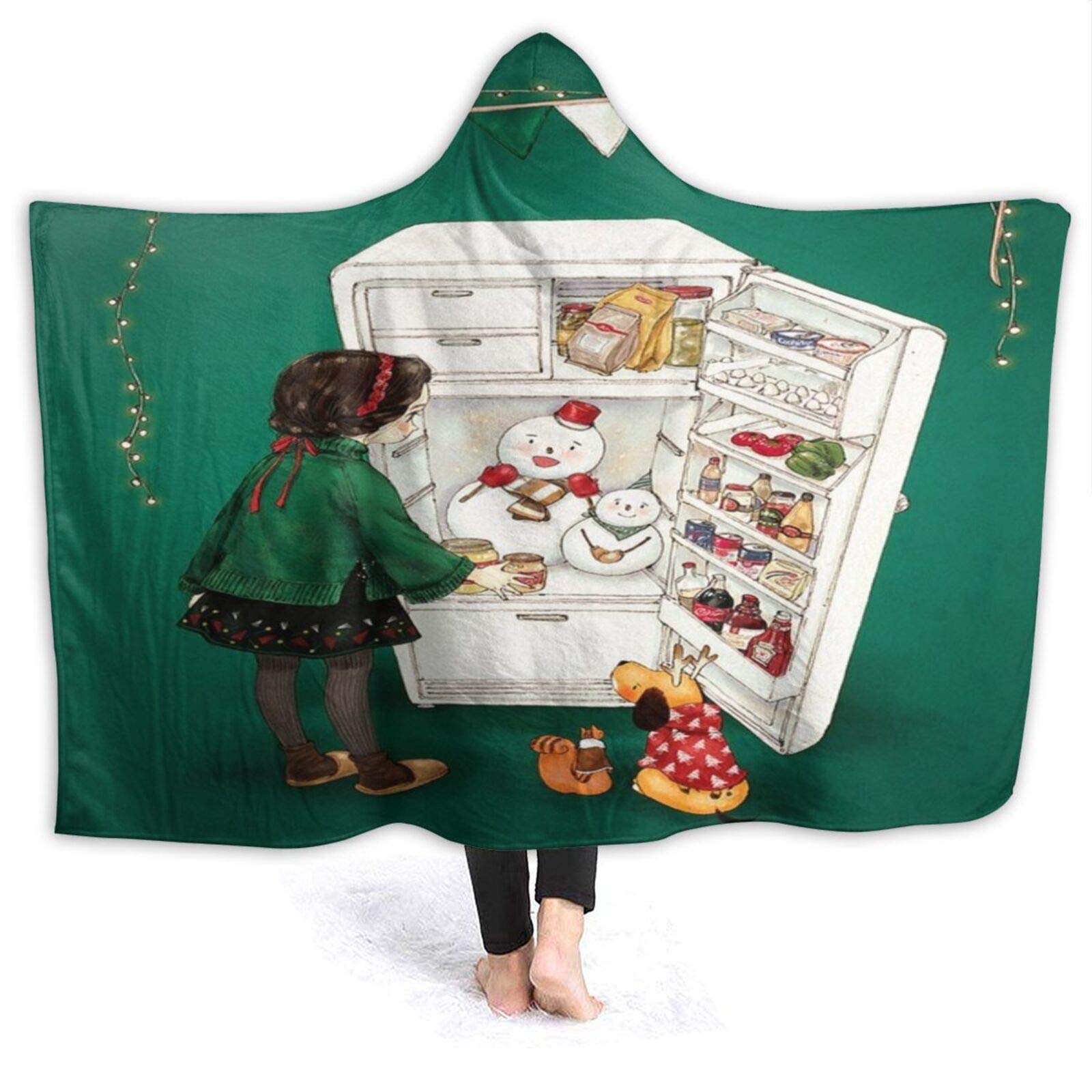 MIGAGA Hoodie Blanket Warm Flannel,Winter Refrigerator Fantasy Watercolor Painting Snowman Merry Chr