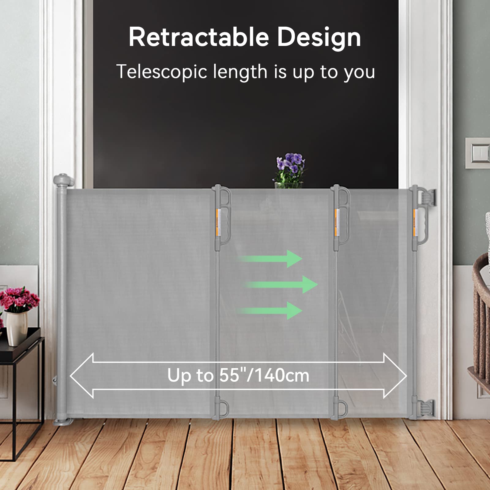 Momcozy Retractable Mesh Baby Gate or Dog Gate, Child Safety Gate for Indoor or Outdoor, 33-inches Tall with up to 55-inches Wide Extension, Avoid Skirting Installation, Grey