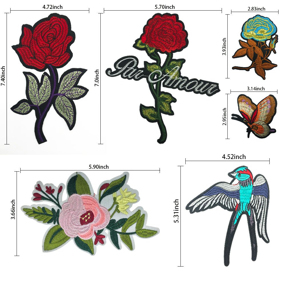 DIY Iron on Patches-OKEER 17Pcs Large Size Flower Birds Butterfly Inserts Embroidery Iron Sewing On Applique Patches for Jackets Backpacks Jeans Clothing (Patch - Flower)