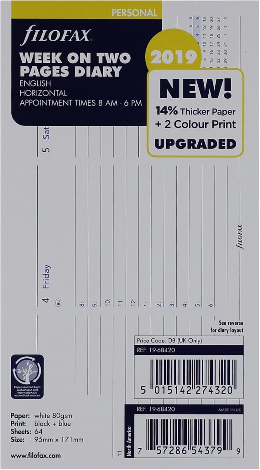 Filofax 2019 Personal/Compact Week to View Refill, Horizontal, Jan 2019- Dec 2019, 6.75 x 3.75 inches (C68420-19)