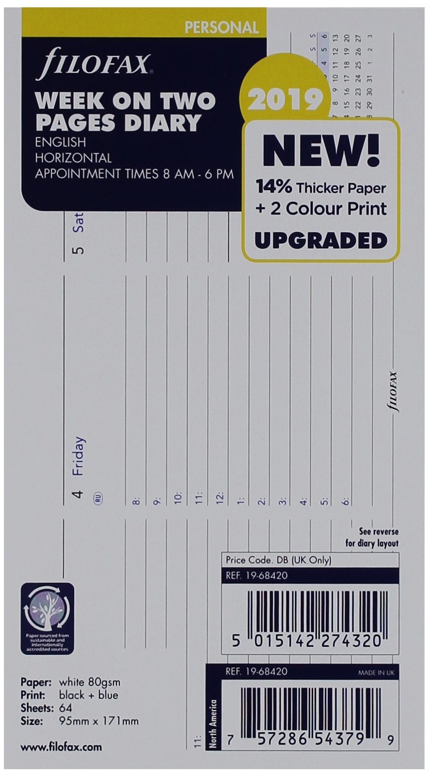 Filofax 2019 Personal/Compact Week to View Refill, Horizontal, Jan 2019- Dec 2019, 6.75 x 3.75 inches (C68420-19)