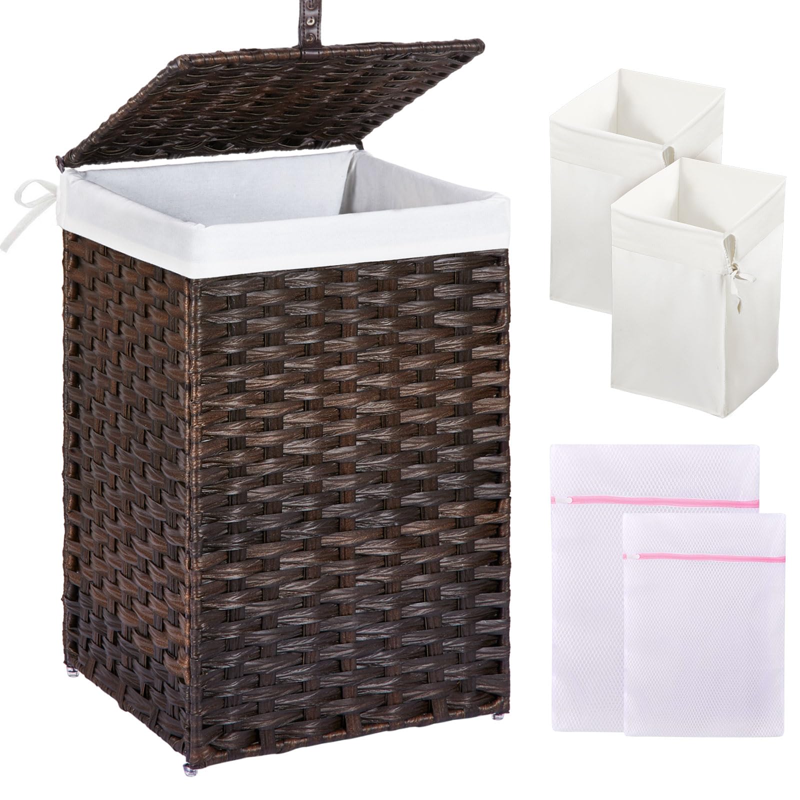 Photo 1 of Greenstell Laundry Hamper with Lid, 60L Clothes Hamper with 2 Removable Liner Bags & 2 Mesh Laundry Bags, Handwoven Synthetic Rattan Laundry Basket for Clothes, Toys in Bathroom, Bedroom Brown