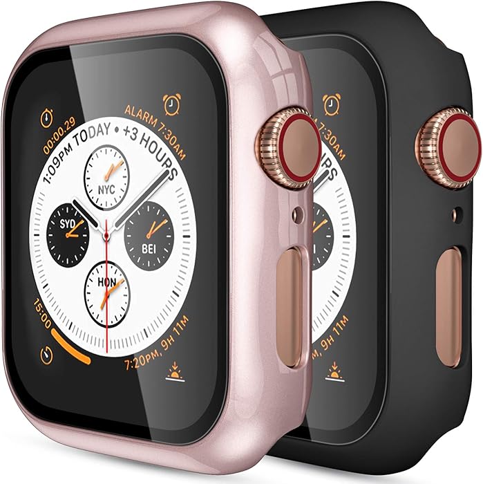 (2 Pack) GEAK Hard Case for Apple Watch 38mm Series 3 with Screen Protector, Full Body Protective Bumper Case Cover for iWatch Series 3/2/1, Matte Black/Rose Gold
