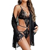 Avidlove Women Sexy Lingerie Set 2 Piece Lace Teddy with Mesh Kimono Robe Bodysuit Nightgown
