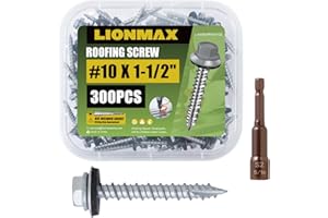 LIONMAX Metal Roofing Screws #10 × 1-1/2 Inch, 300-PCS, Rustpert Coating Hex Head Sheet Metal to Wood Siding Screw with Rubber Washer, Sharp Point, Hex Socket Included