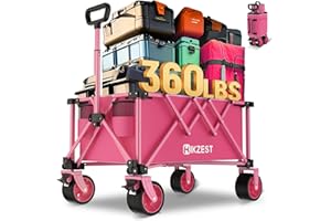 Hikzest Collapsible Wagon Cart Foldable, 360LBS Heavy Duty Utility Wagon, Beach Wagon with Wider Wheels, Portable Grocery Cart for Camping, Shopping, Garden, Sports, Pink