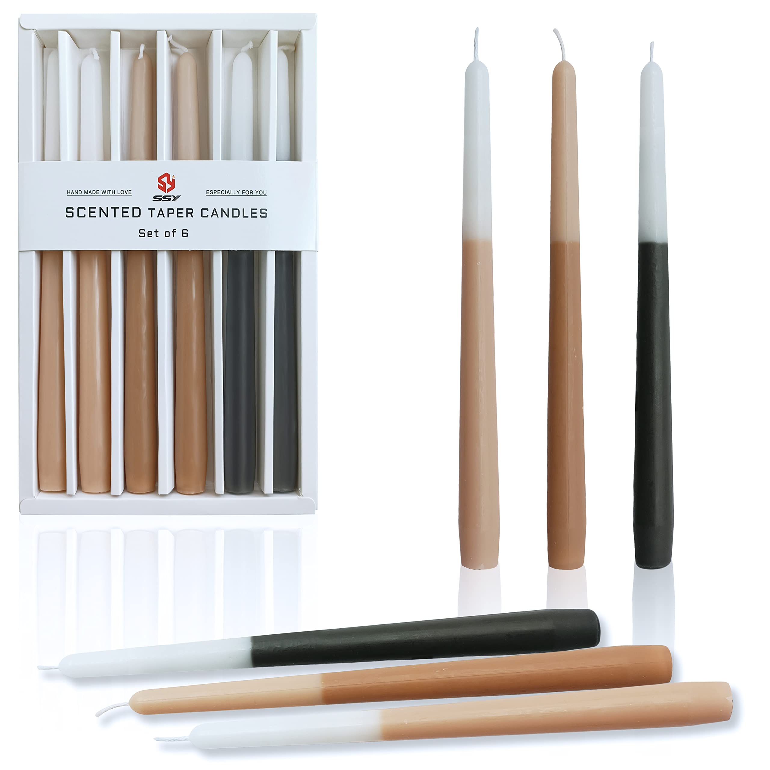 Photo 1 of 10 Inch Taper Candles Candle Sticks Handmade Set of 6 Bluebell Scented Long Candle Tapered Candles Smokeless for Wedding Home Decoration(Brown)