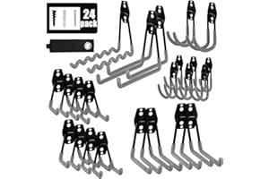 AOBEN Garage Hooks,24PCS Heavy Duty Garage Hanger Organizer Anti-Slip Double Wall Garage Storage Hooks for Ladder, Power Tool,Bike,Ropes (23 Hooks & 1 hoder Strap)-Gery